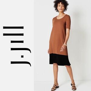 J.Jill Wearever Rayon Stretch Brown Brown Block Print Short Sleeve Dress Large